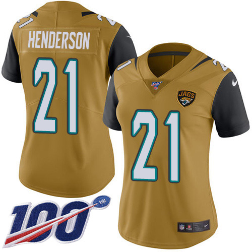 Nike Jacksonville Jaguars 21 C.J. Henderson Gold Women Stitched NFL Limited Rush 100th Season Jersey
